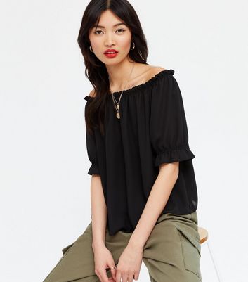 Black 1 2 Sleeve Bardot Top New Look