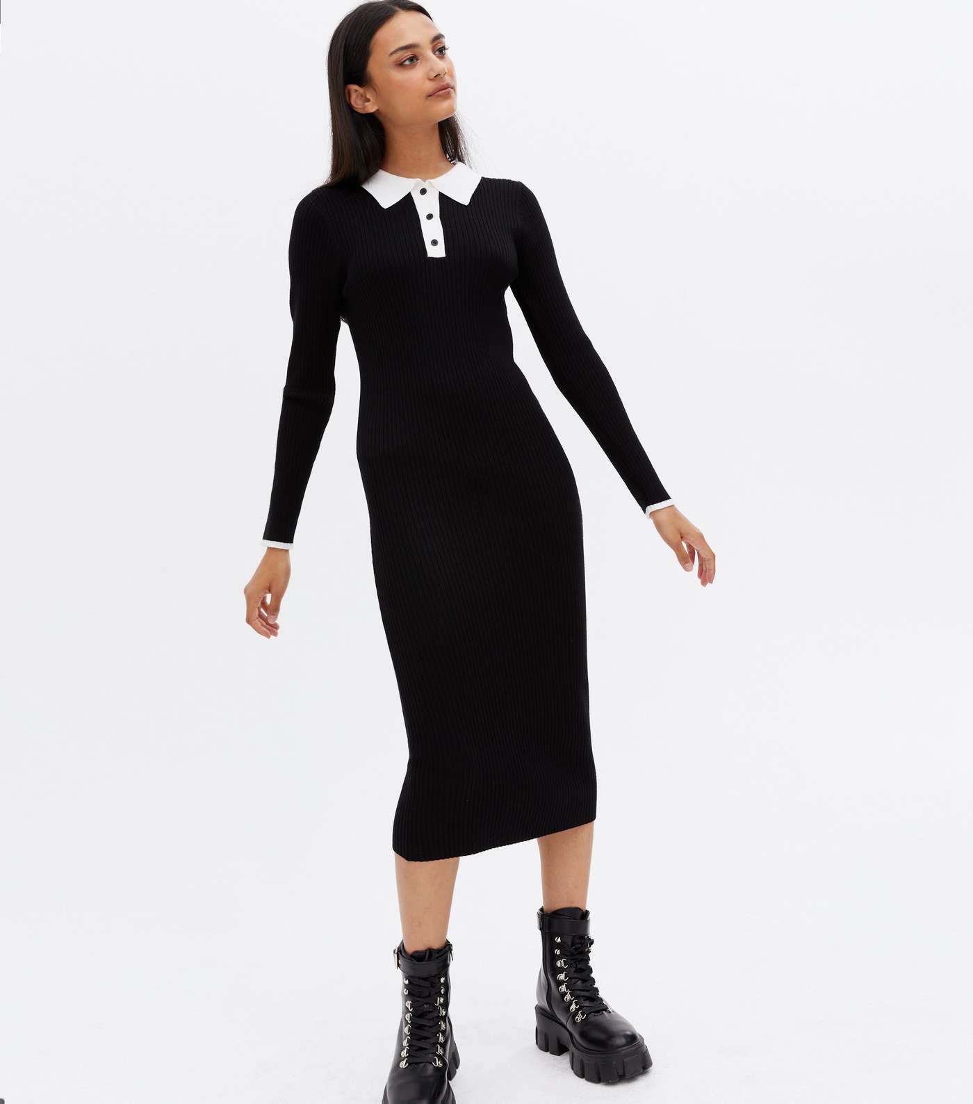 Black Ribbed Knit Contrast Polo Collar Midi Dress Image 2