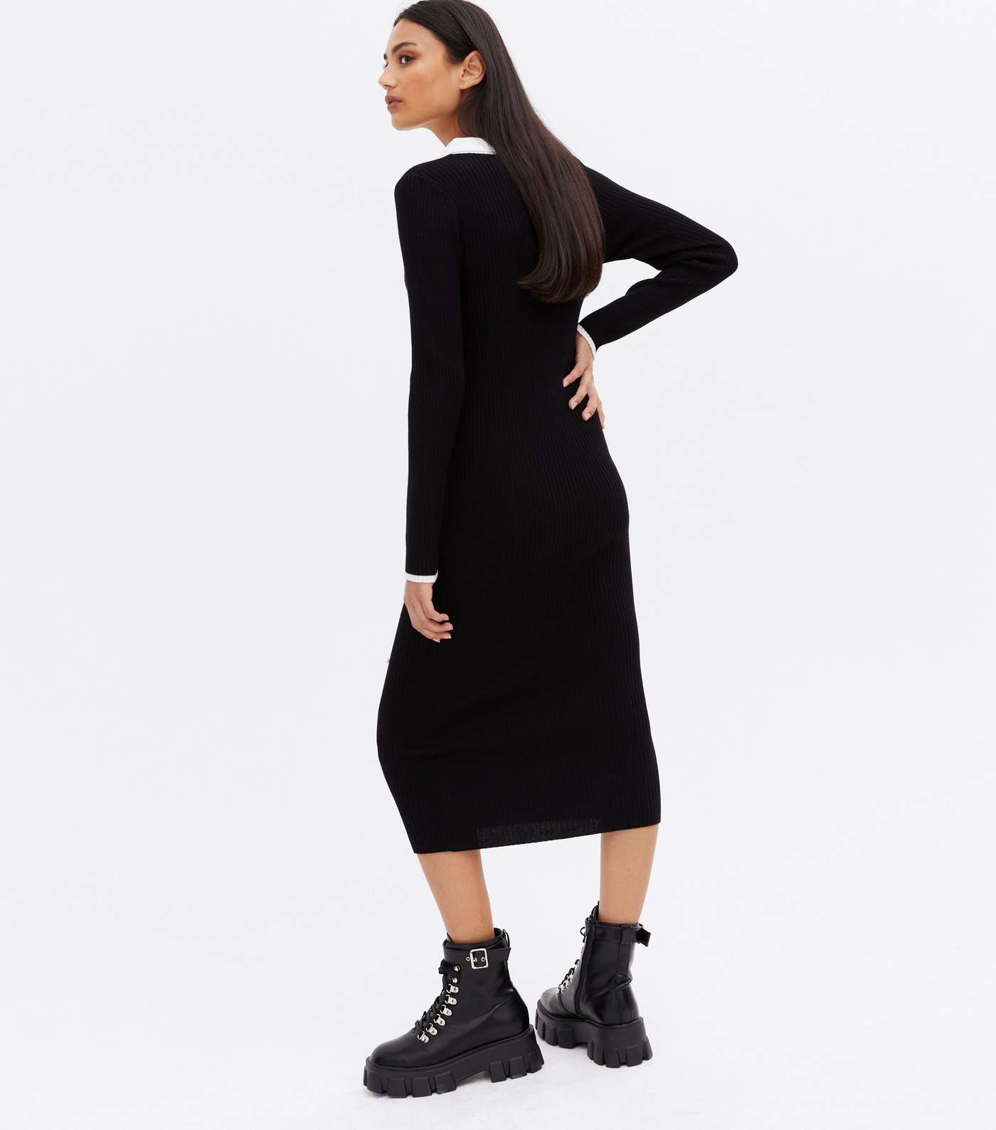 Black Ribbed Knit Contrast Polo Collar Midi Dress Image 4