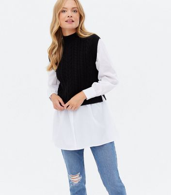 Black Cable Knit 2 in 1 Shirt Jumper 