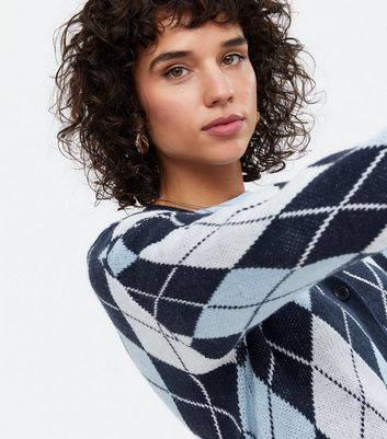 Blue Argyle Cardigan | New Look