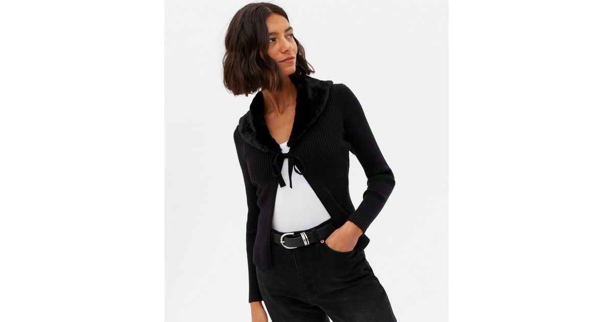 Black Ribbed Knit Faux Fur Trim Tie Front Cardigan | New Look