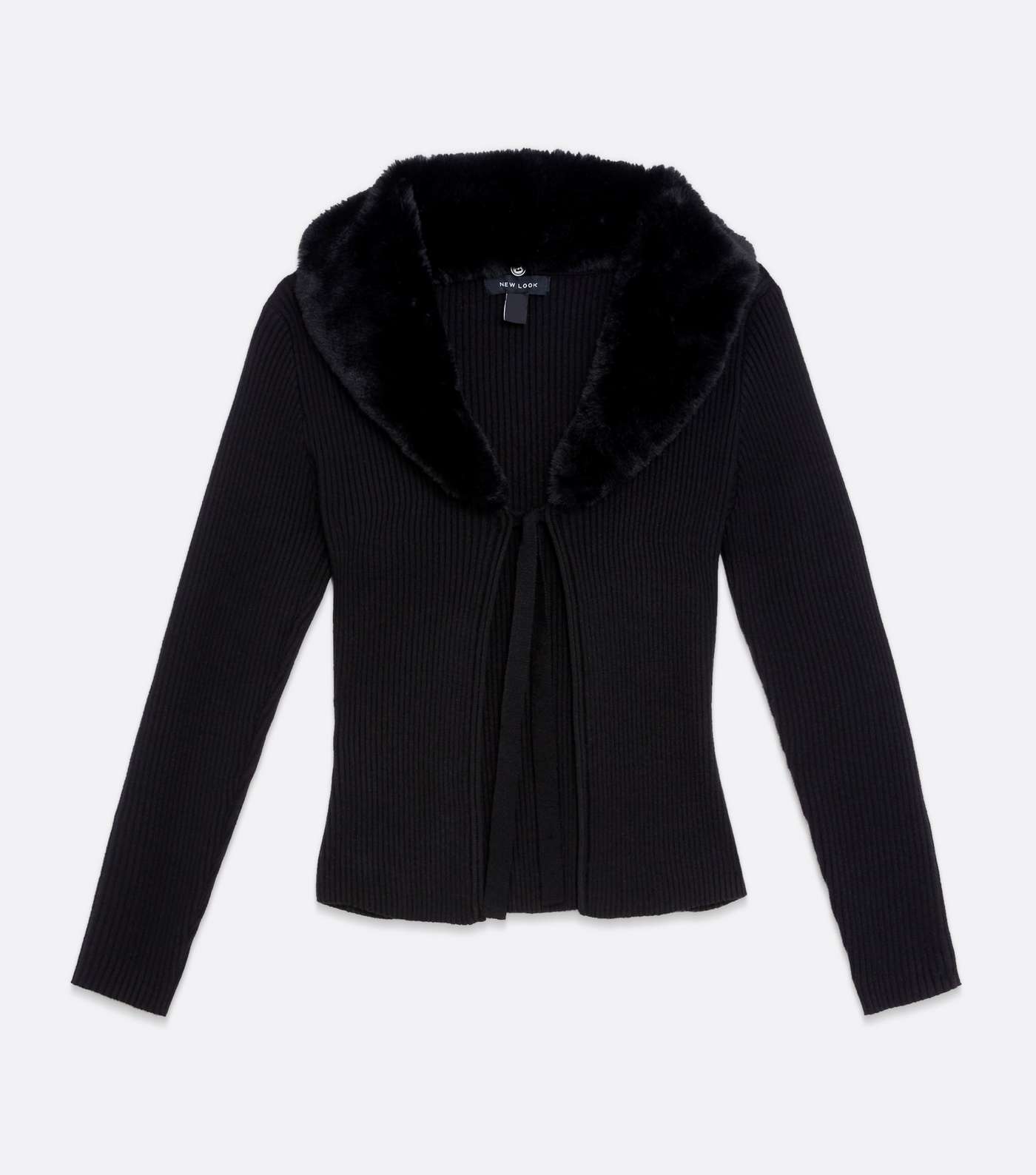 Black Ribbed Knit Faux Fur Trim Tie Front Cardigan Image 5