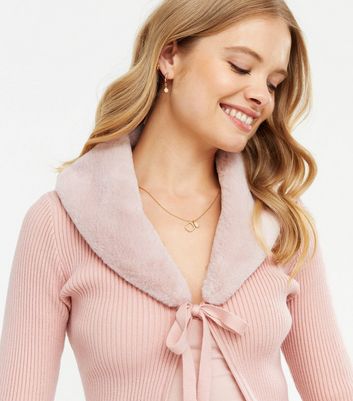 Pink Ribbed Knit Faux Fur Trim Tie Front Cardigan | New Look