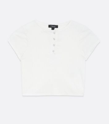 Petite White Ribbed Button Front Crop T 