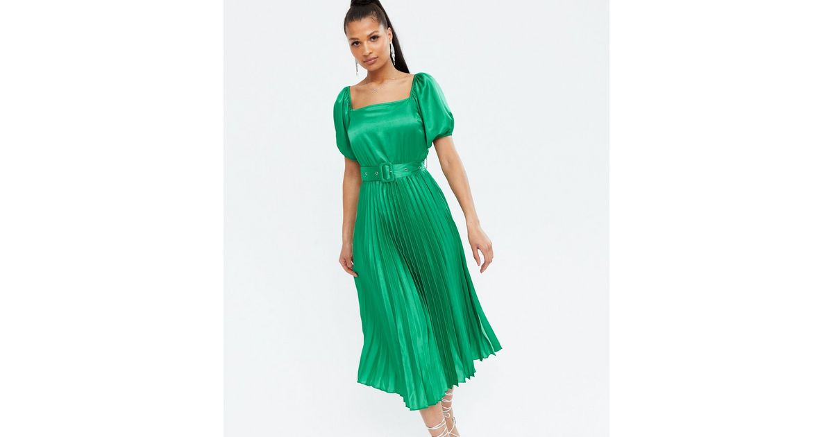 Green Satin Belted Puff Sleeve Pleated Midi Dress New Look 8853