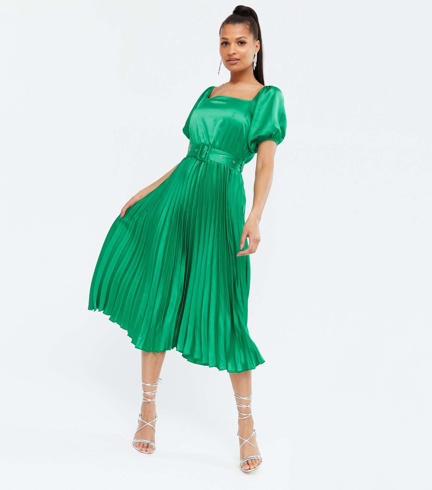 Green Satin Belted Puff Sleeve Pleated Midi Dress Image 2