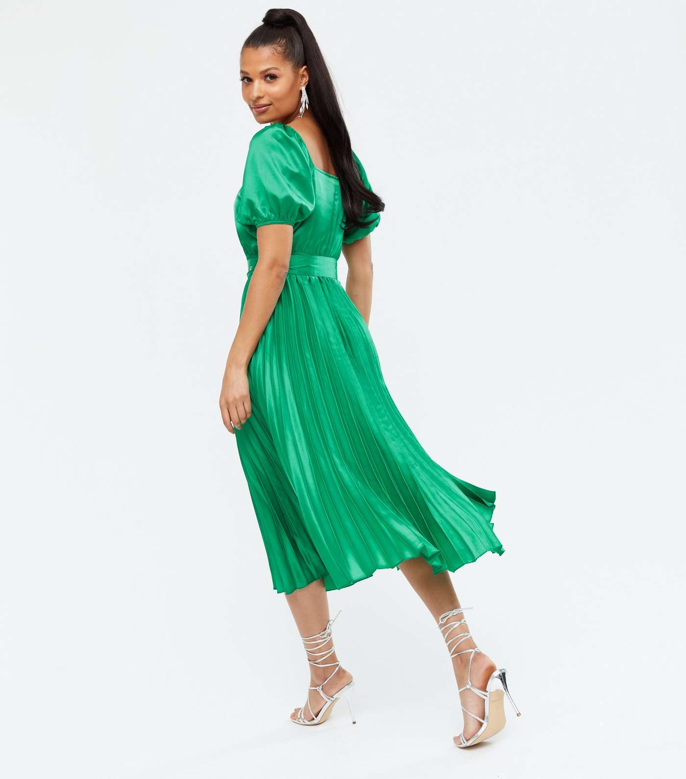 Green Satin Belted Puff Sleeve Pleated Midi Dress Image 4