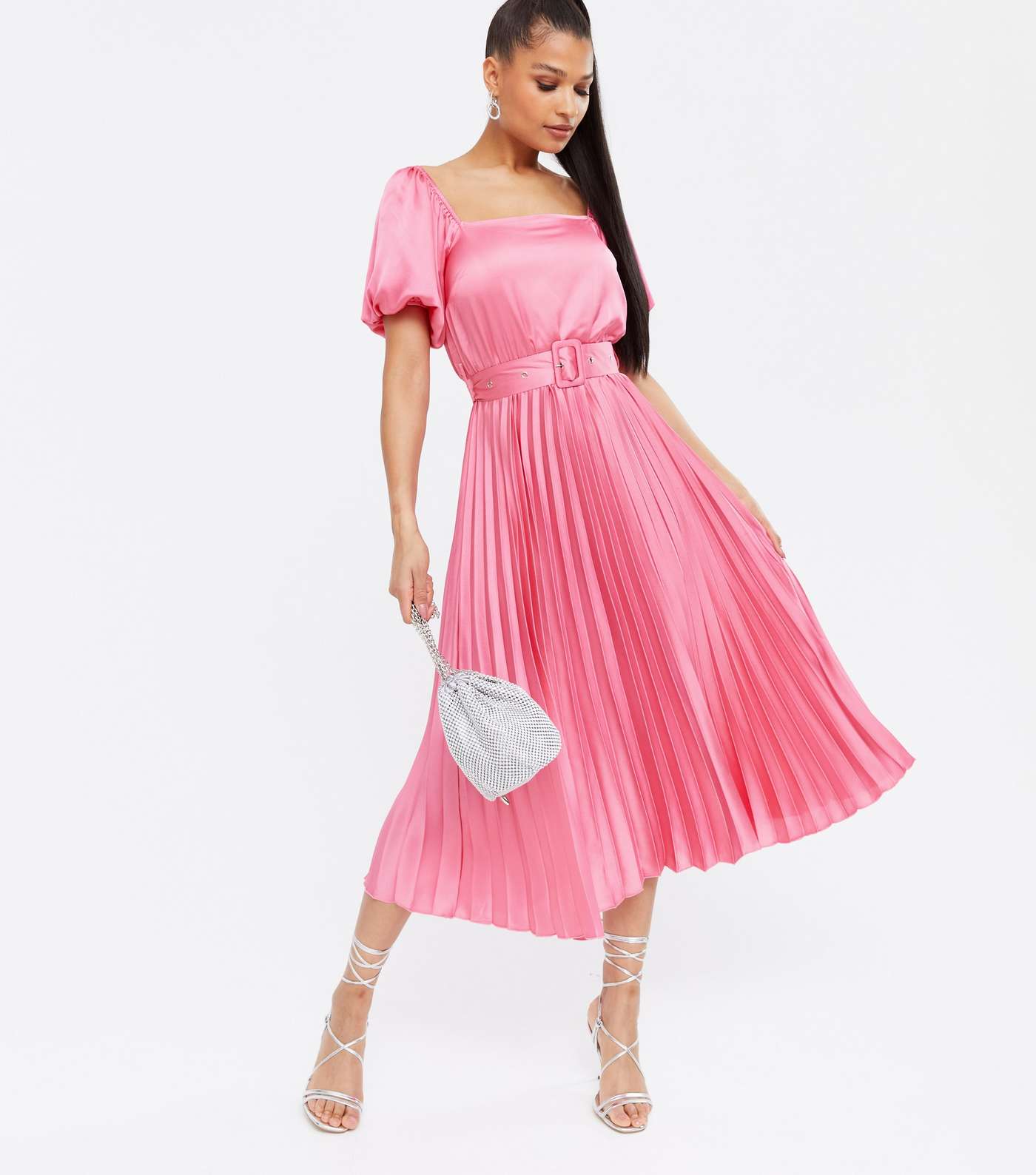Bright Pink Satin Belted Puff Sleeve Pleated Midi Dress
