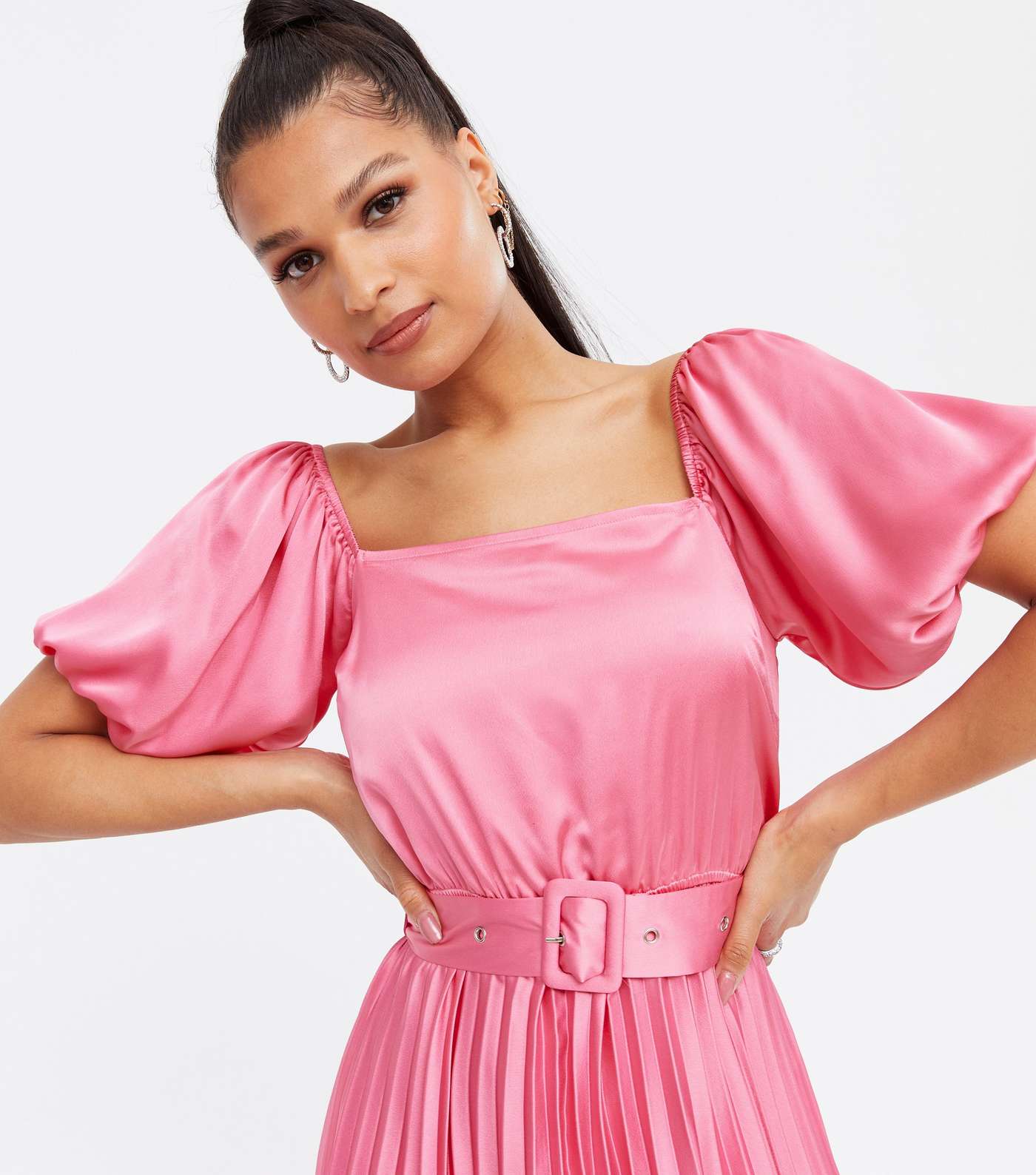 Bright Pink Satin Belted Puff Sleeve Pleated Midi Dress Image 3