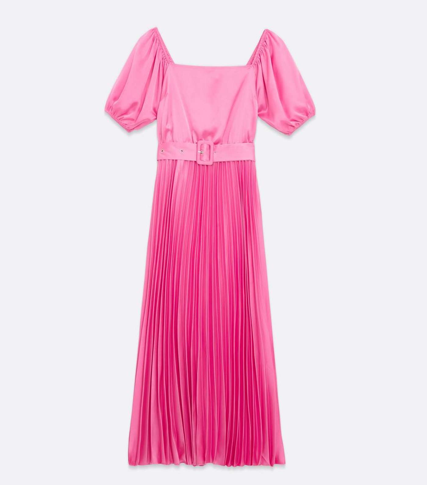 Bright Pink Satin Belted Puff Sleeve Pleated Midi Dress Image 5