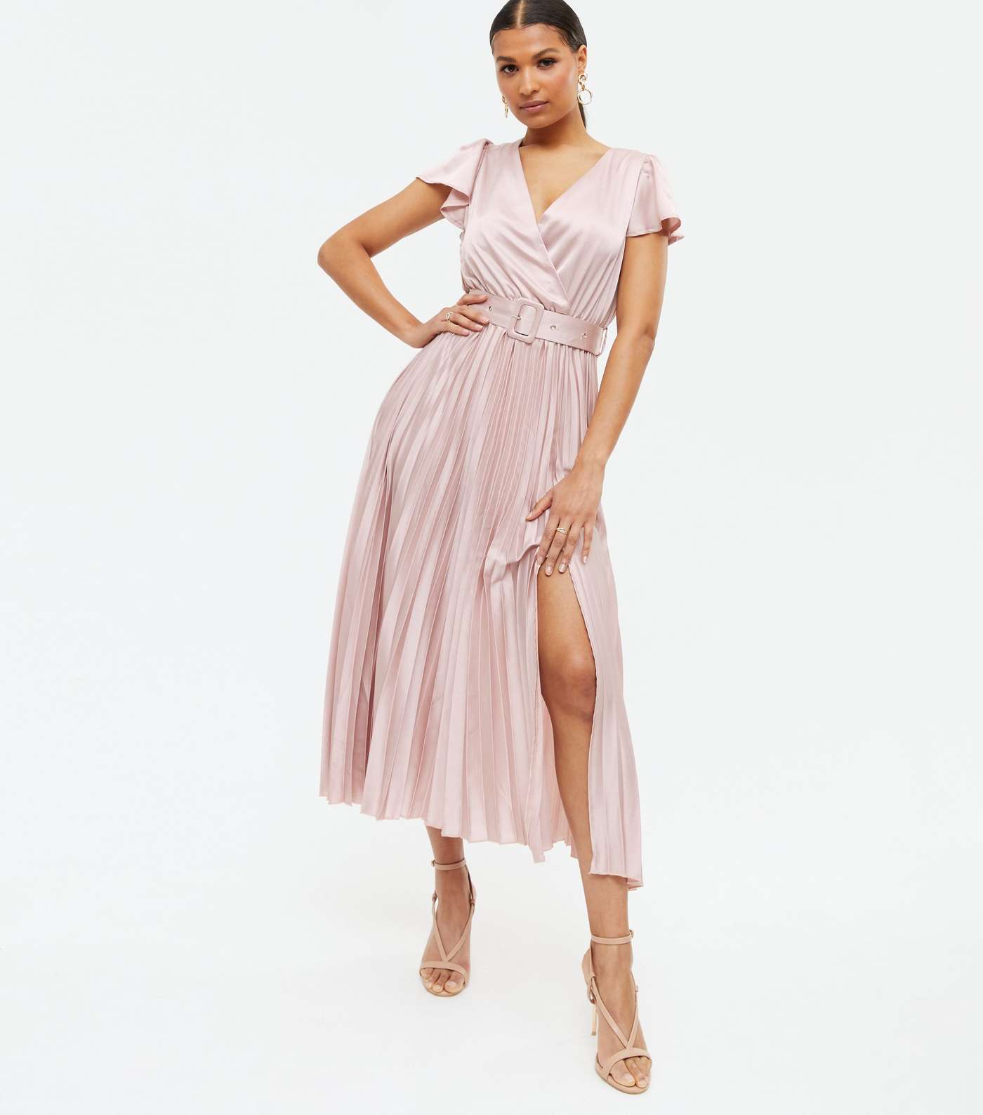 Pale Pink Satin Belted Pleated Wrap Midi Dress