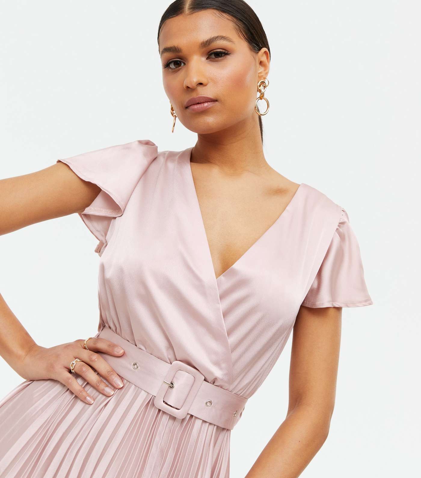 Pale Pink Satin Belted Pleated Wrap Midi Dress Image 3