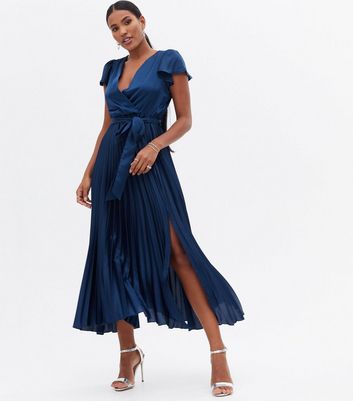 navy asymmetric neck pleated wrap midi dress