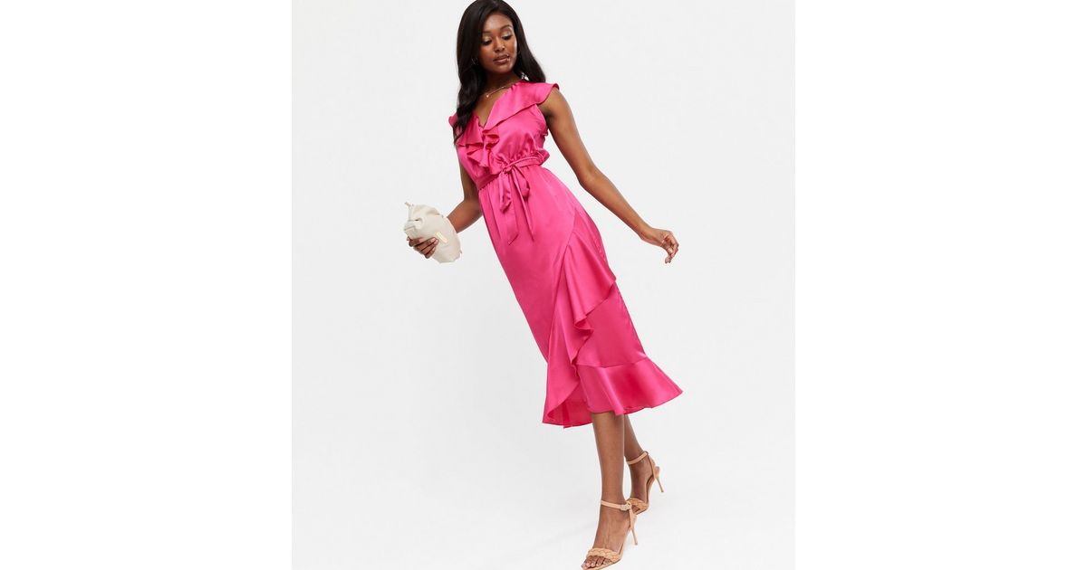 Bright Pink Satin Frill Yoke Asymmetric Ruffle Midi Dress | New Look