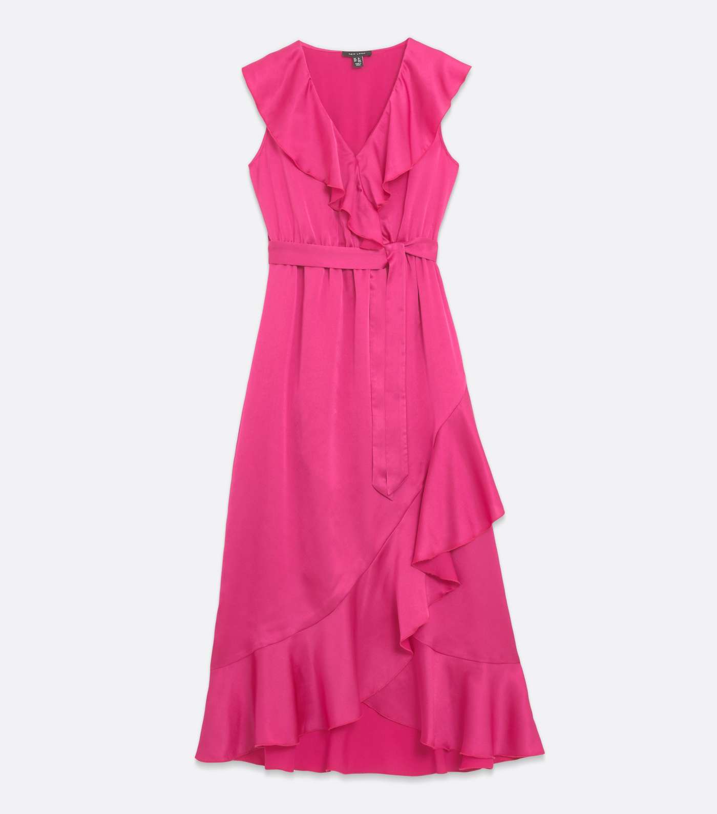Bright Pink Satin Frill Yoke Asymmetric Ruffle Midi Dress Image 5