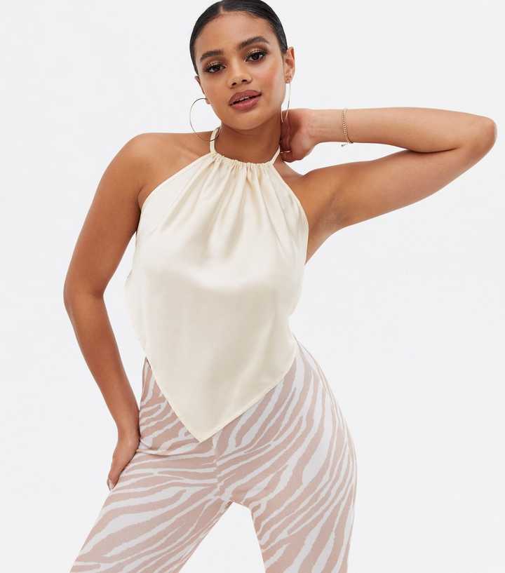 Cream Satin Hanky Hem Halter Top