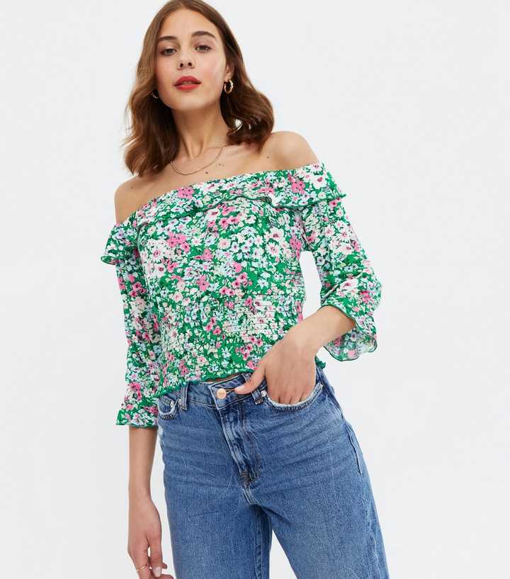 Green Ditsy Floral Frill Shirred Bardot Top 