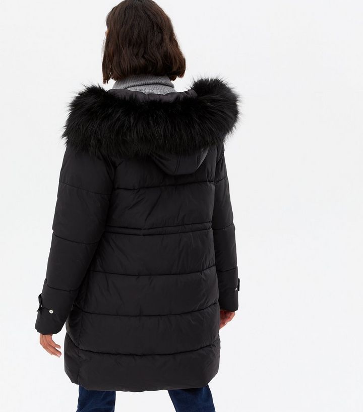 Black Faux Fur Hooded Puffer Jacket, Zara Black Faux Fur Hooded Coat
