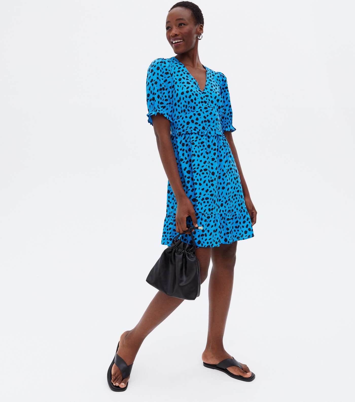 Tall Blue Leopard Print Puff Sleeve Ruffle Mini Dress Image 2