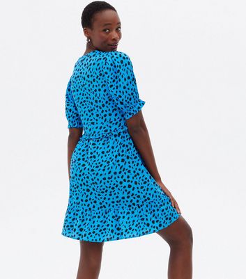 Tall Blue Leopard Print Puff Sleeve Ruffle Mini Dress | New Look