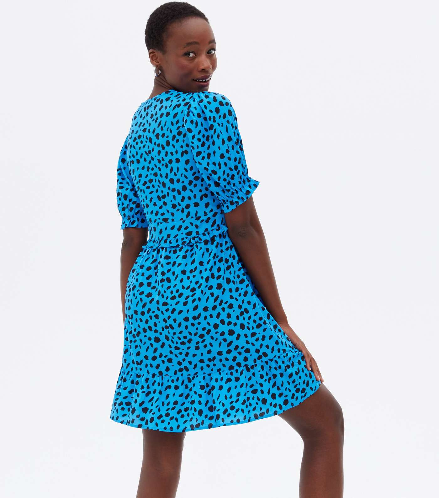 Tall Blue Leopard Print Puff Sleeve Ruffle Mini Dress Image 4