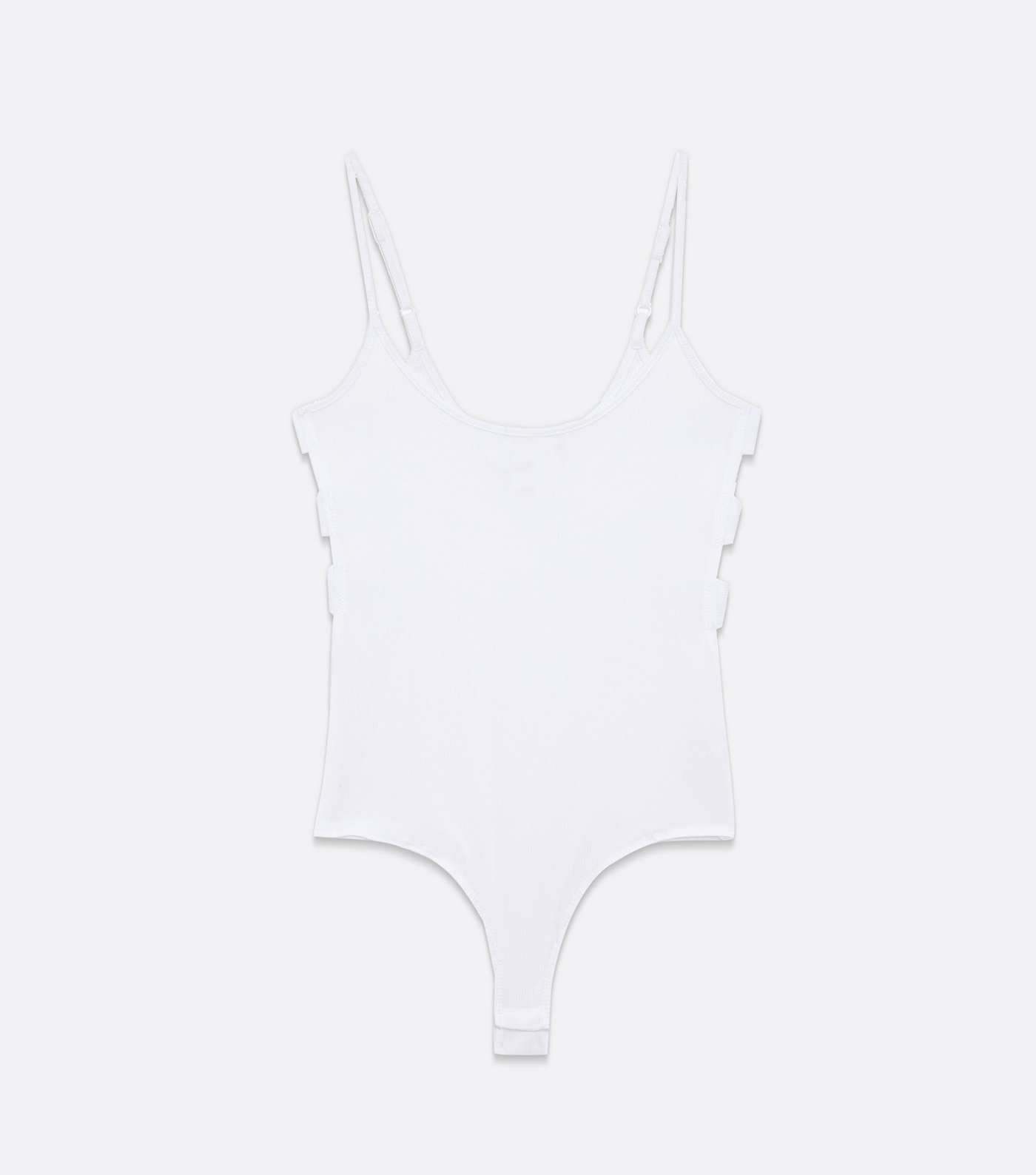 White Ribbed Cut Out Strappy Bodysuit  Image 5