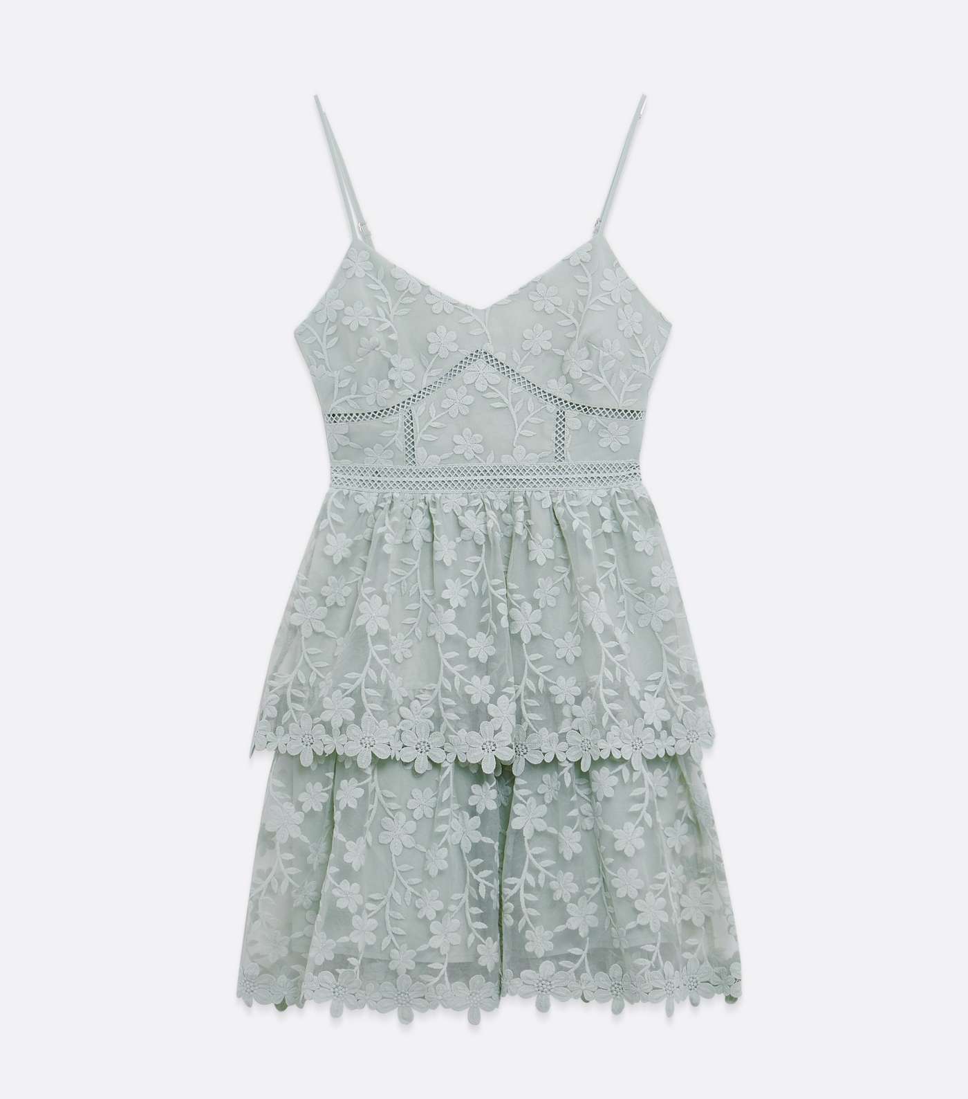 Light Green Floral Lace Tiered Skater Dress Image 5
