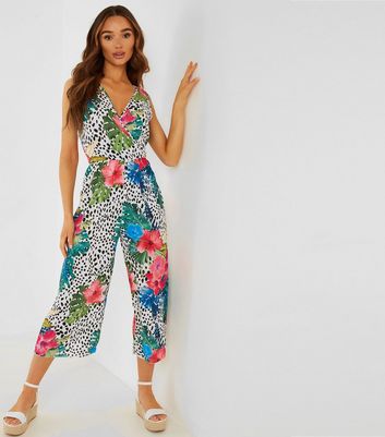 QUIZ Multicoloured Spot Tropical Wrap Crop Jumpsuit New Look