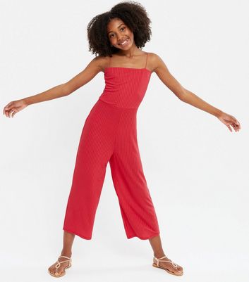 Girls Red Ribbed Wide Leg Crop Jumpsuit New Look