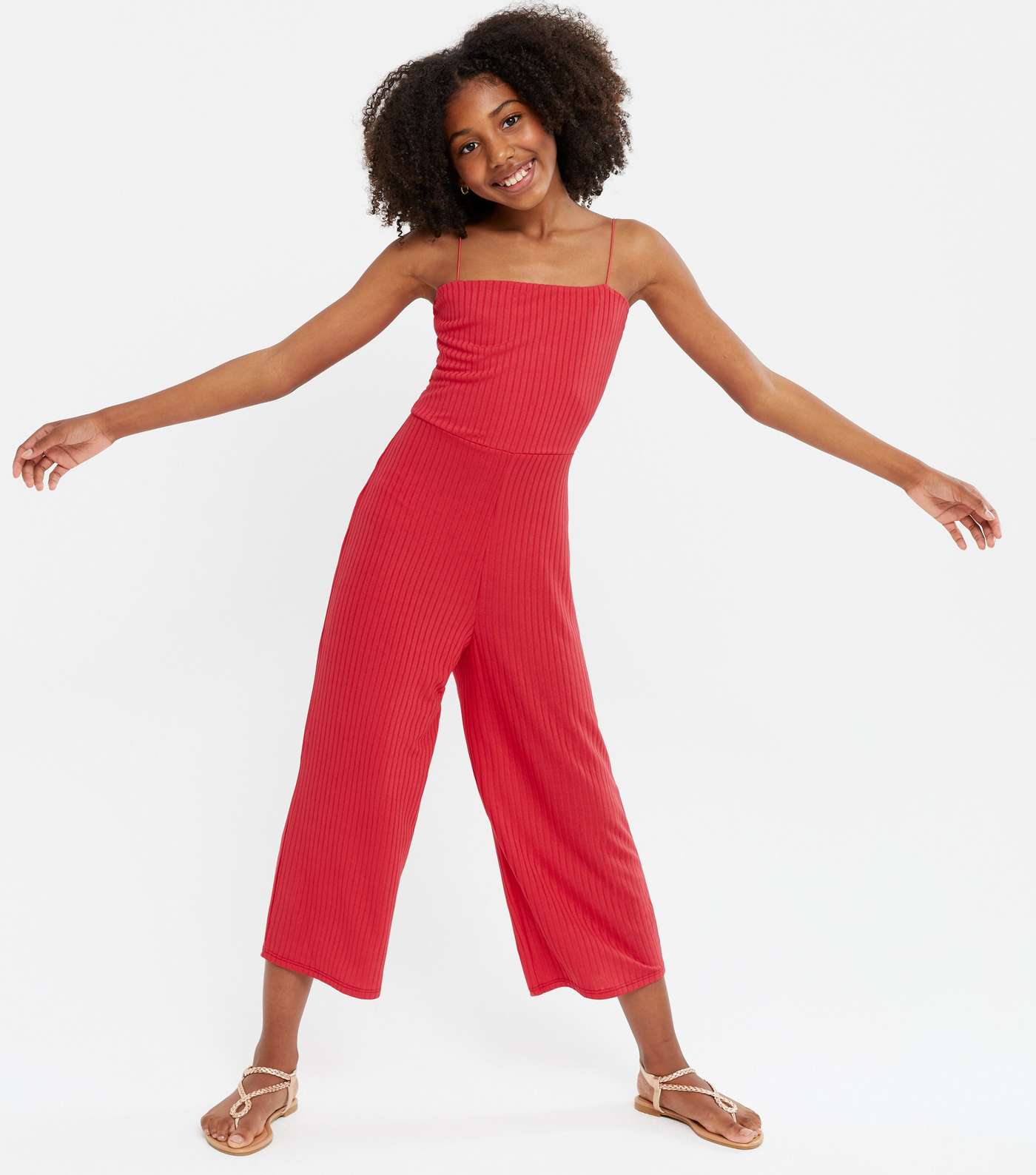 Girls Red Ribbed Wide Leg Crop Jumpsuit