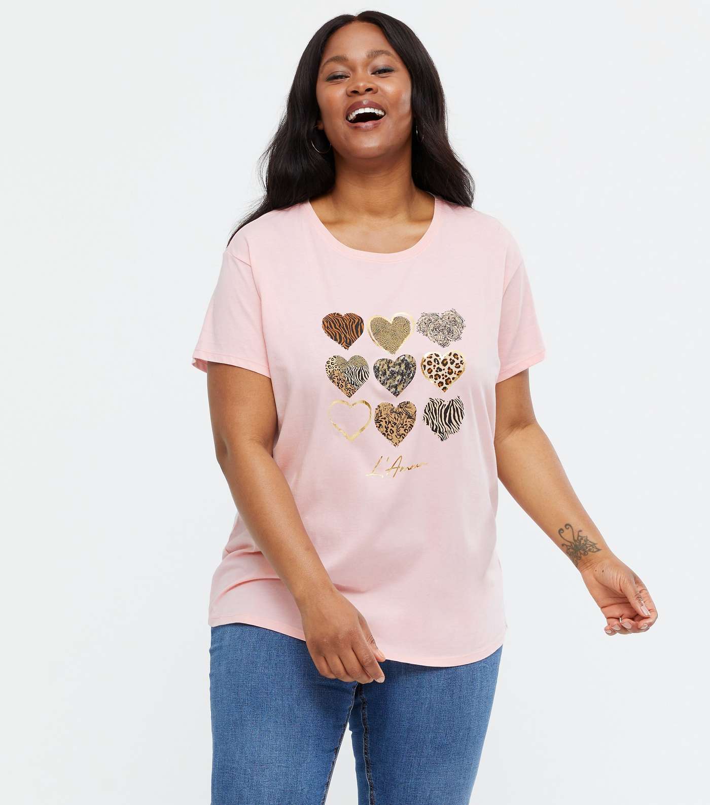 Curves Pink Metallic Animal Print Heart Logo T-Shirt