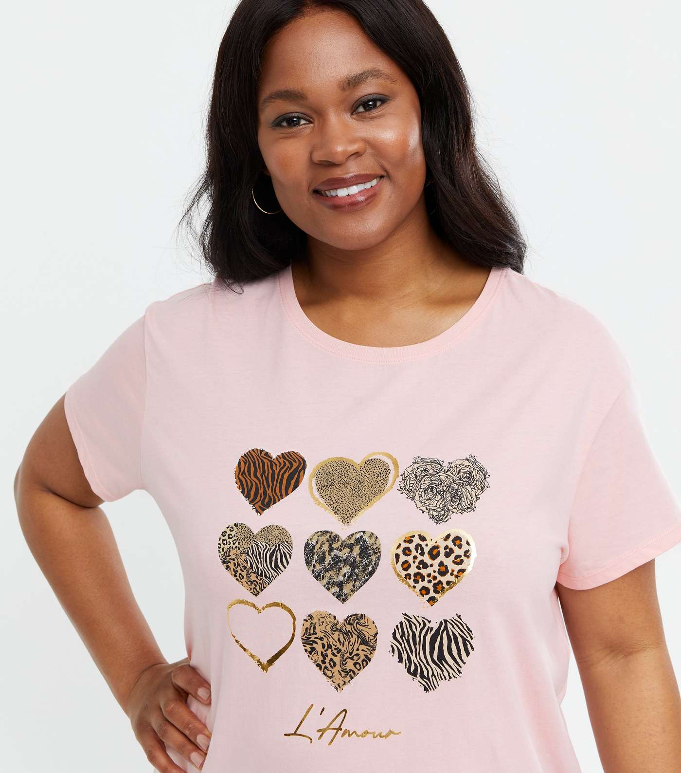 Curves Pink Metallic Animal Print Heart Logo T-Shirt Image 3