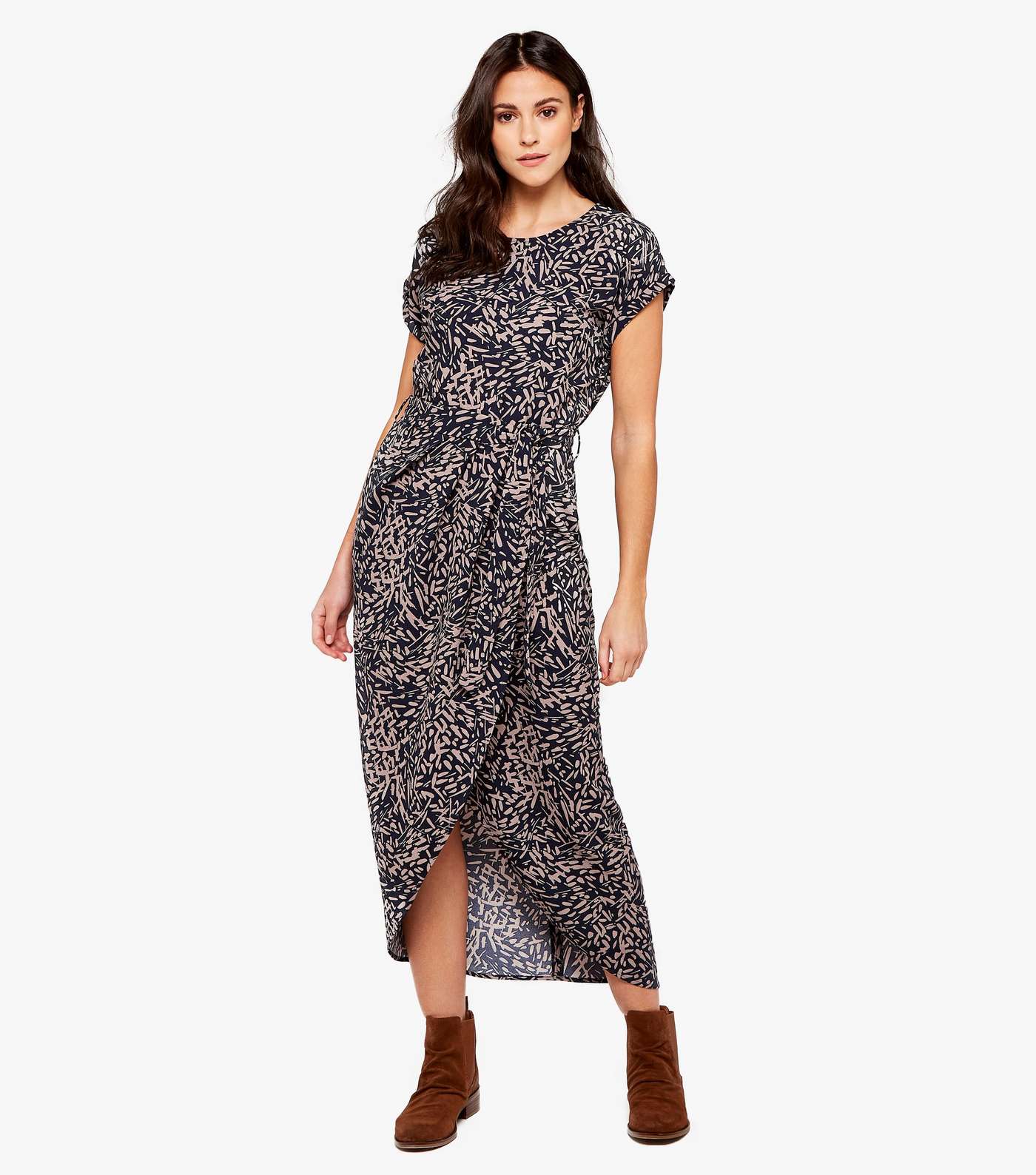 Apricot Navy Abstract Crepe Wrap Dress