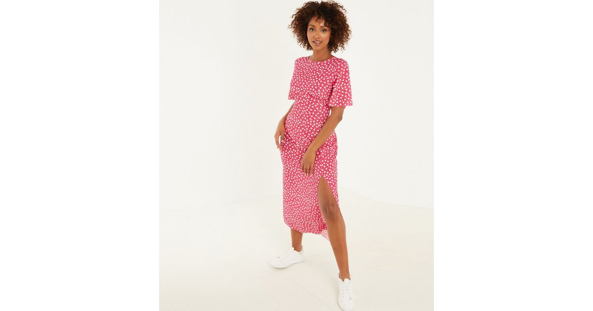 QUIZ Mid Pink Heart Split Hem Midi Dress | New Look