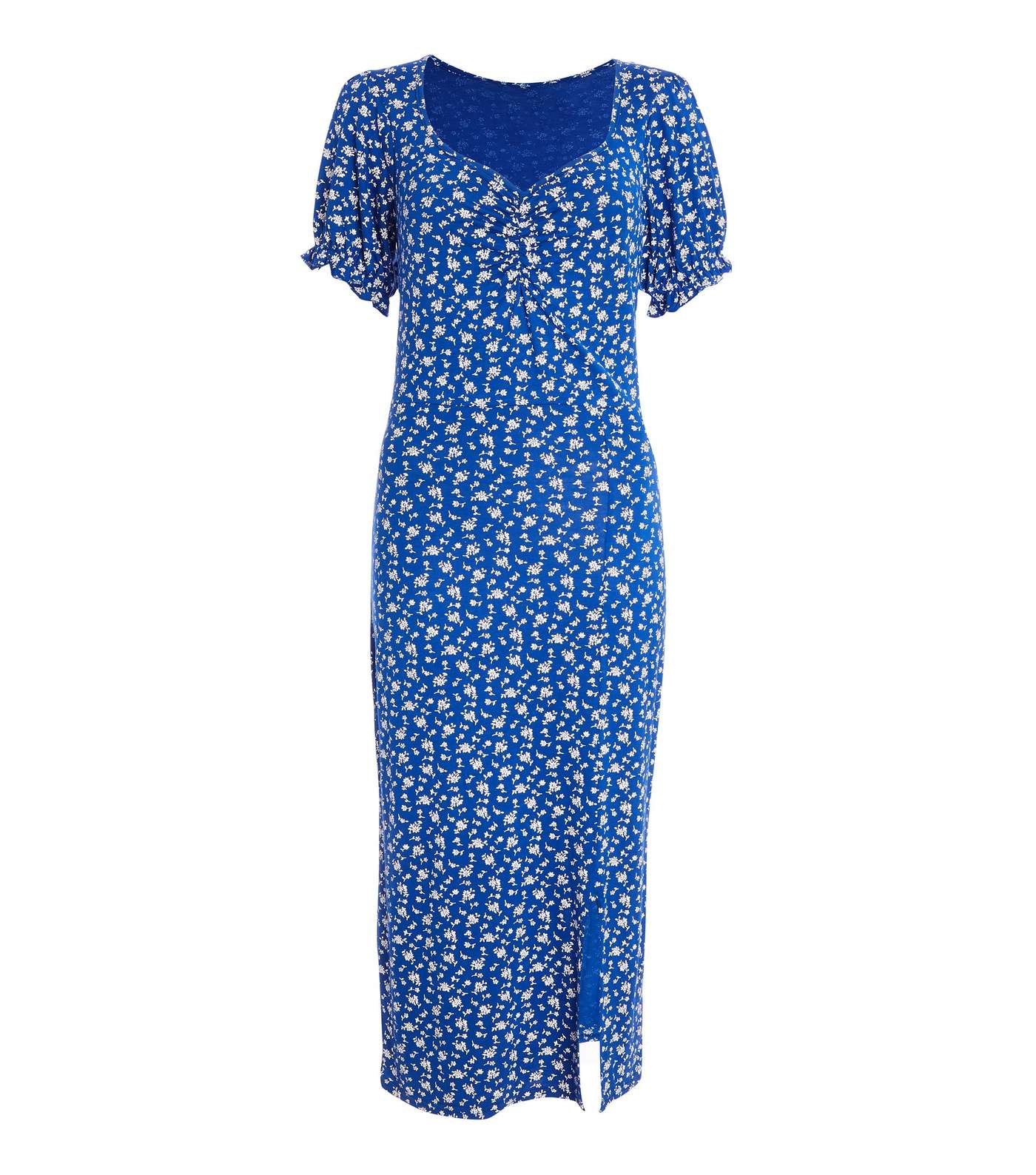 QUIZ Bright Blue Ditsy Floral Split Hem Midi Dress Image 4