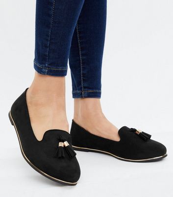 Wide Fit Black Suedette Tassel Loafers 