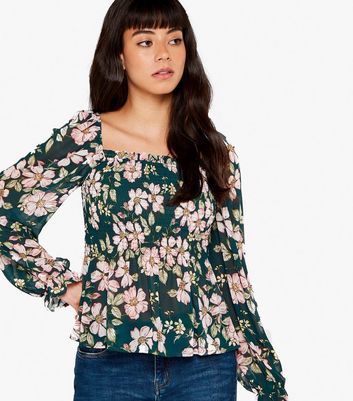 Apricot Green Floral Shirred Square Neck Blouse | New Look