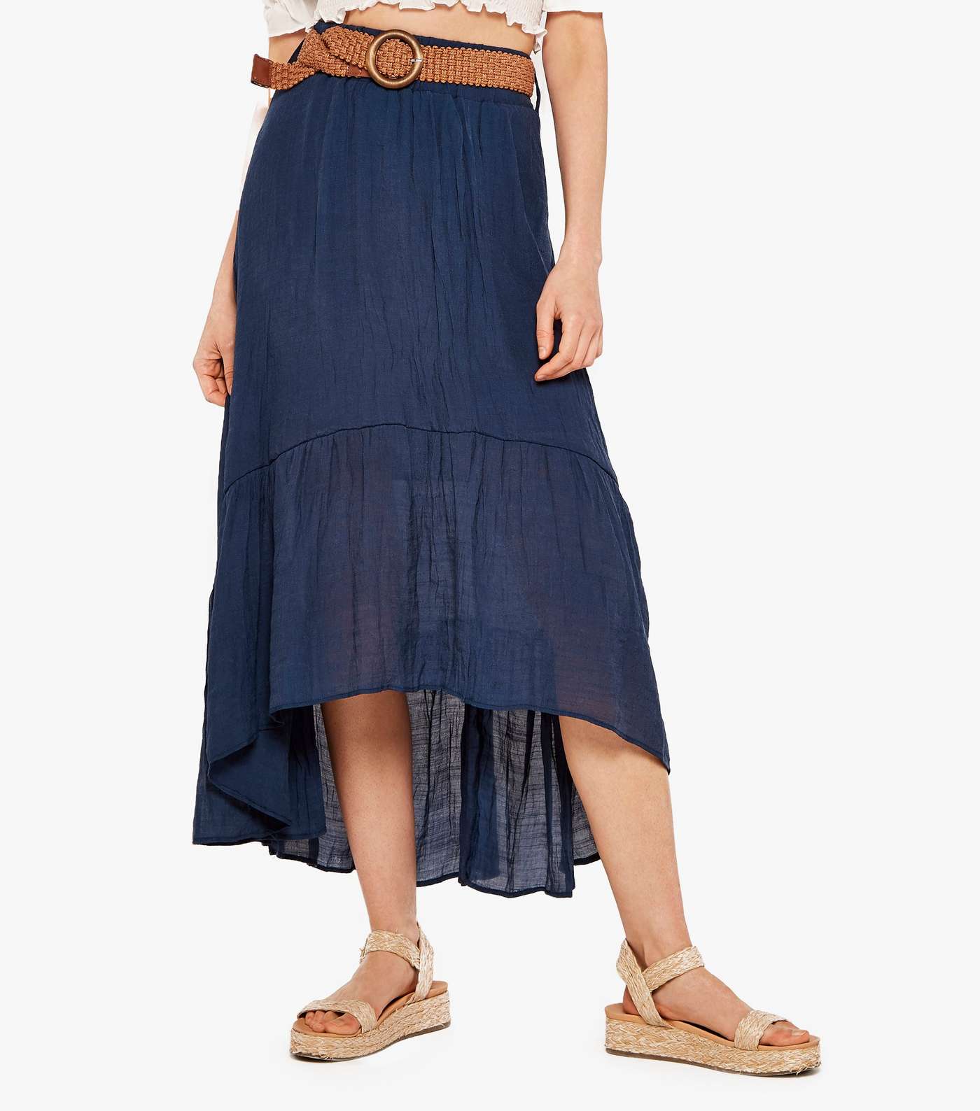 Apricot Navy Belted Crinkle Midi Skirt Image 2