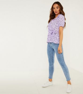 QUIZ Lilac Floral Frill Peplum Wrap Top | New Look