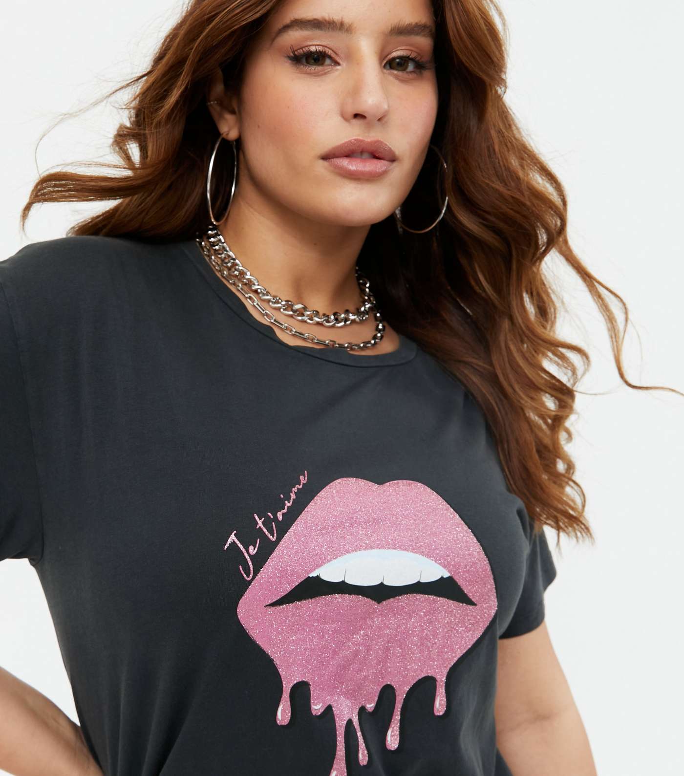 Curves Dark Grey Glitter Lips Logo T-Shirt Image 3