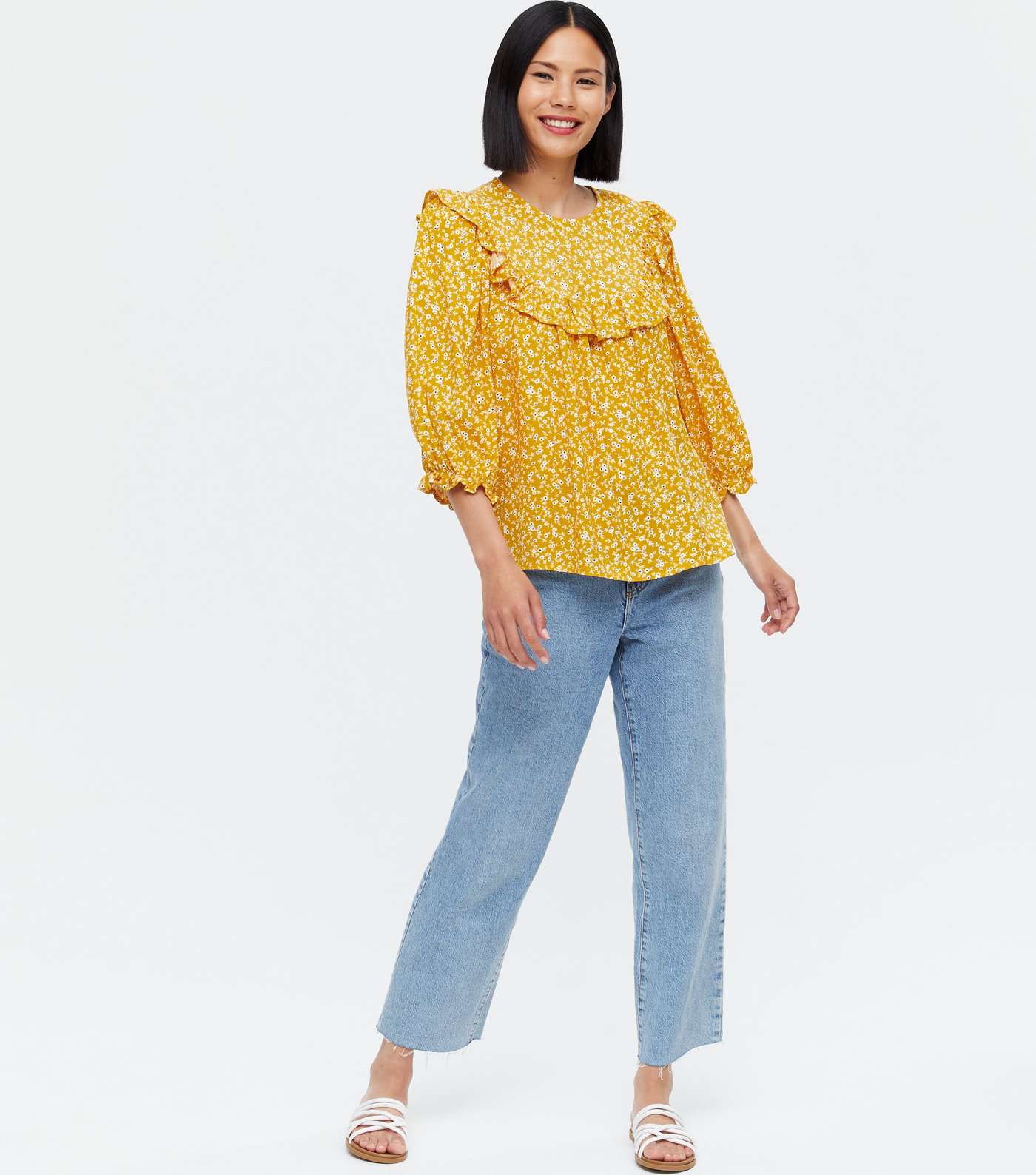 Mustard Ditsy Floral Frill 3/4 Sleeve Blouse  Image 2