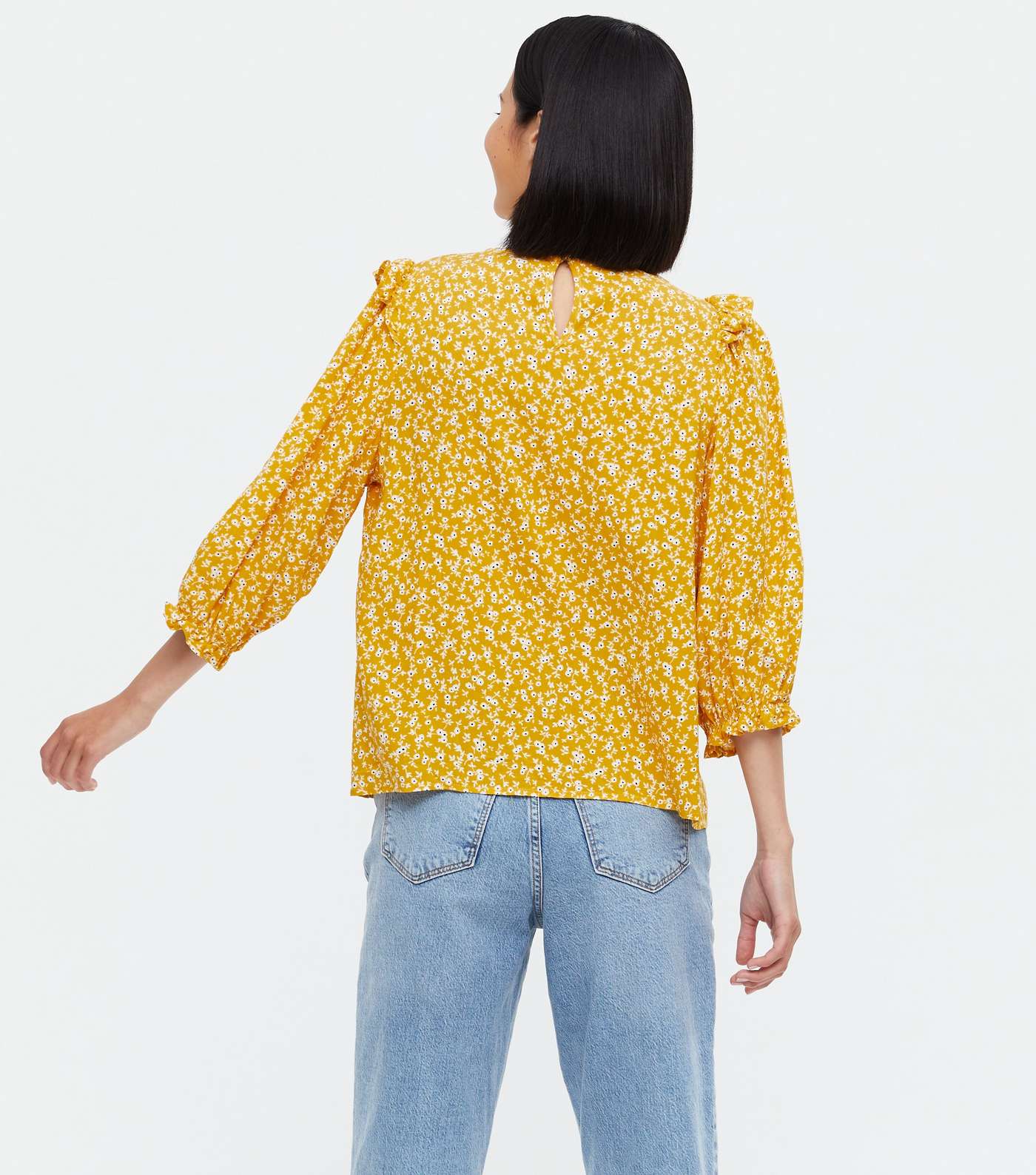 Mustard Ditsy Floral Frill 3/4 Sleeve Blouse  Image 4