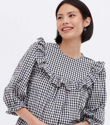 Black Gingham Frill 3/4 Sleeve Blouse | New Look