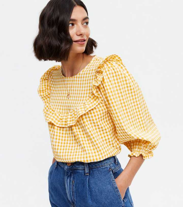 Yellow Gingham Frill 3/4 Sleeve Blouse 