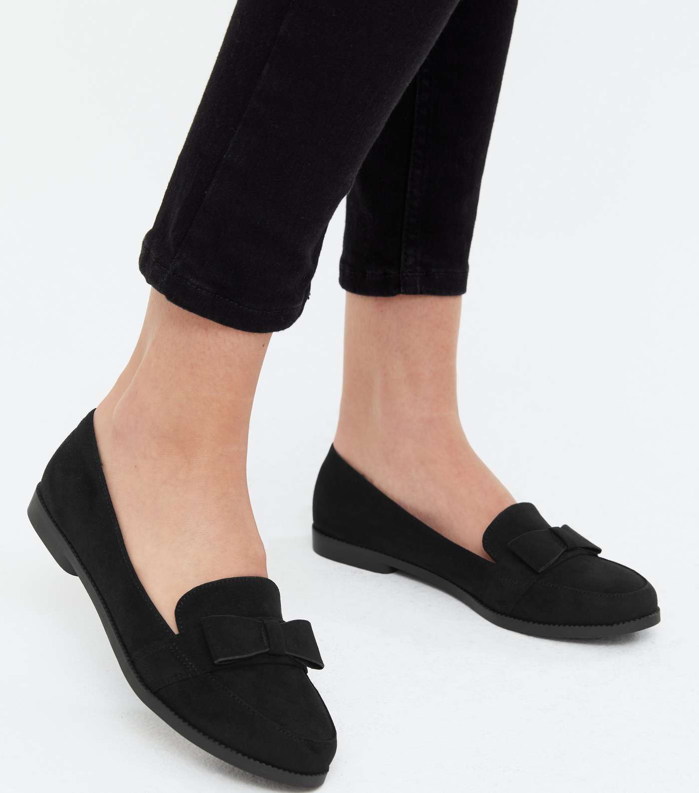 Girls Black Suedette Bow Loafers Image 2