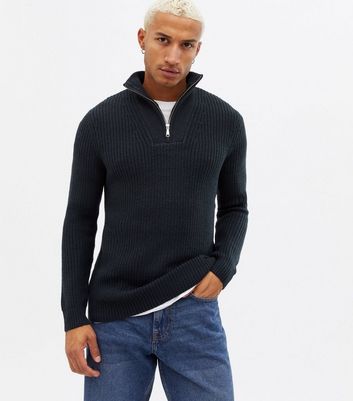 Navy Ribbed Knit Zip High Neck Jumper | New Look