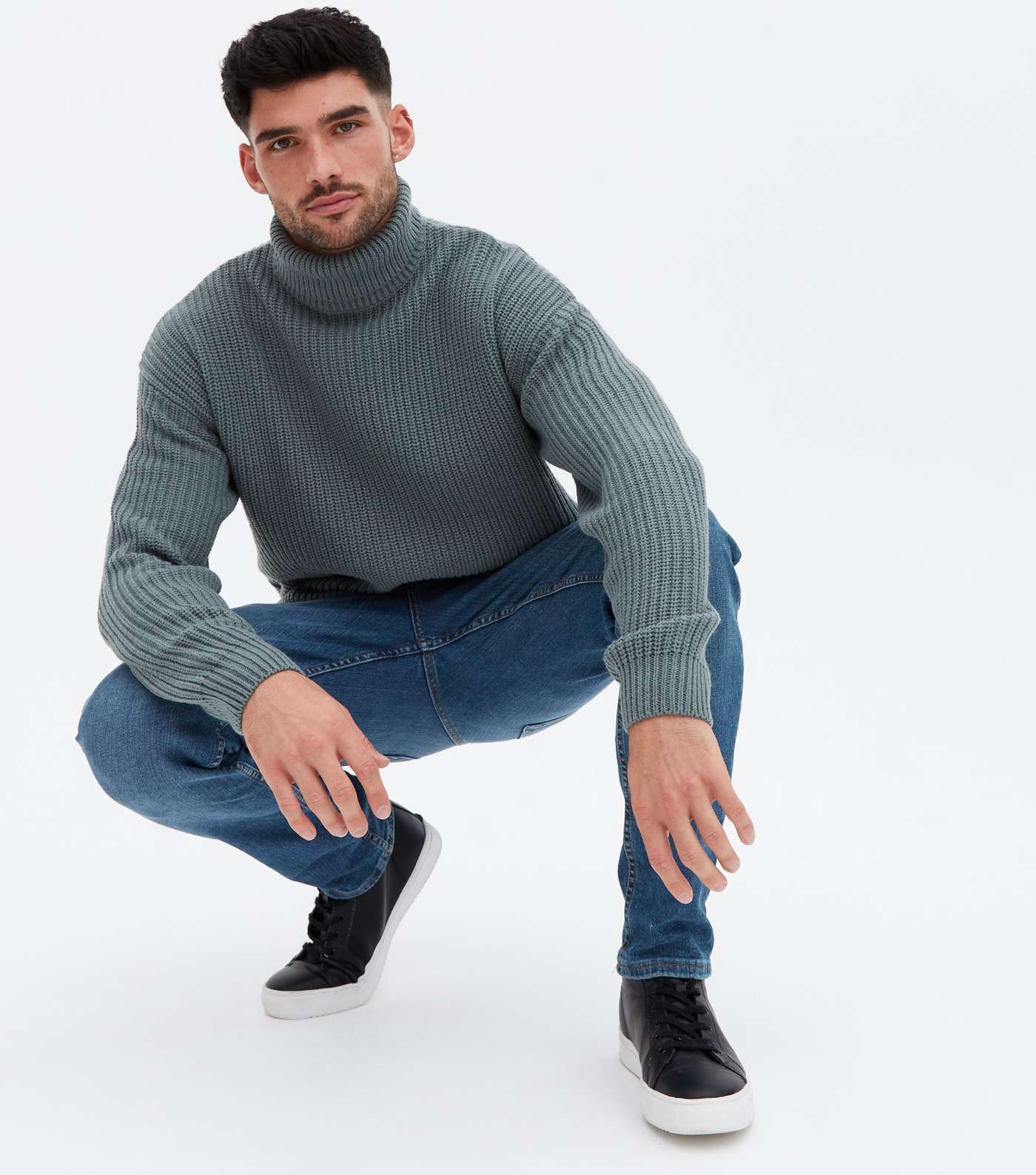 Blue Ribbed Relaxed Roll Neck Jumper Image 2