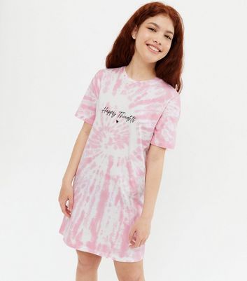 Girls Pink Tie Dye Happy Thoughts Logo T Shirt Dress New Look