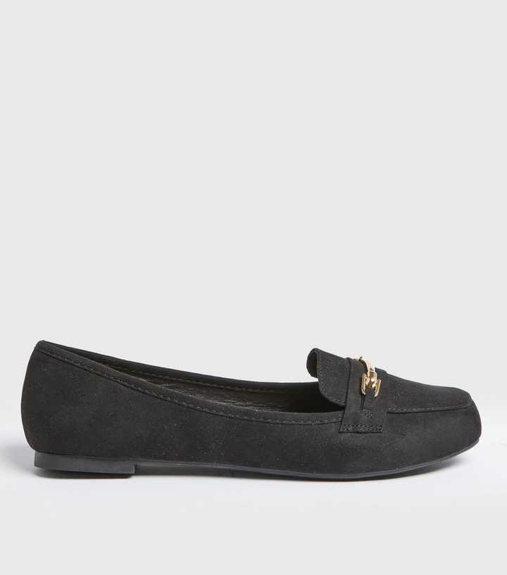 Wide Fit Black Suedette Metal Trim Loafers